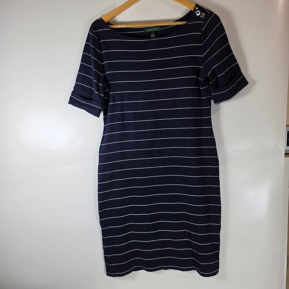 Lauren Ralph Lauren Navy Striped Cotton Sheath Dress Boat Neck Button Shoulder L